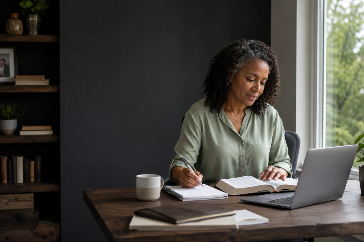 Illustration of an adult learner studying the Bible at home